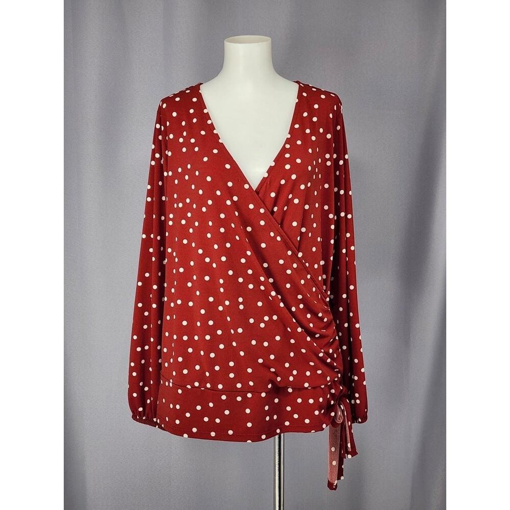 Suzannegrae Shirt Womens Large Red White Polka Dot Wrap Front Tie Side Top